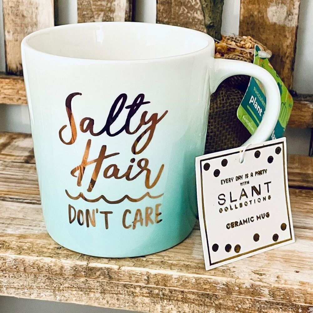 NWT Gorgeous SLANT Collections Emily Salty Hair Don’t Care Ombré White Blue Mug